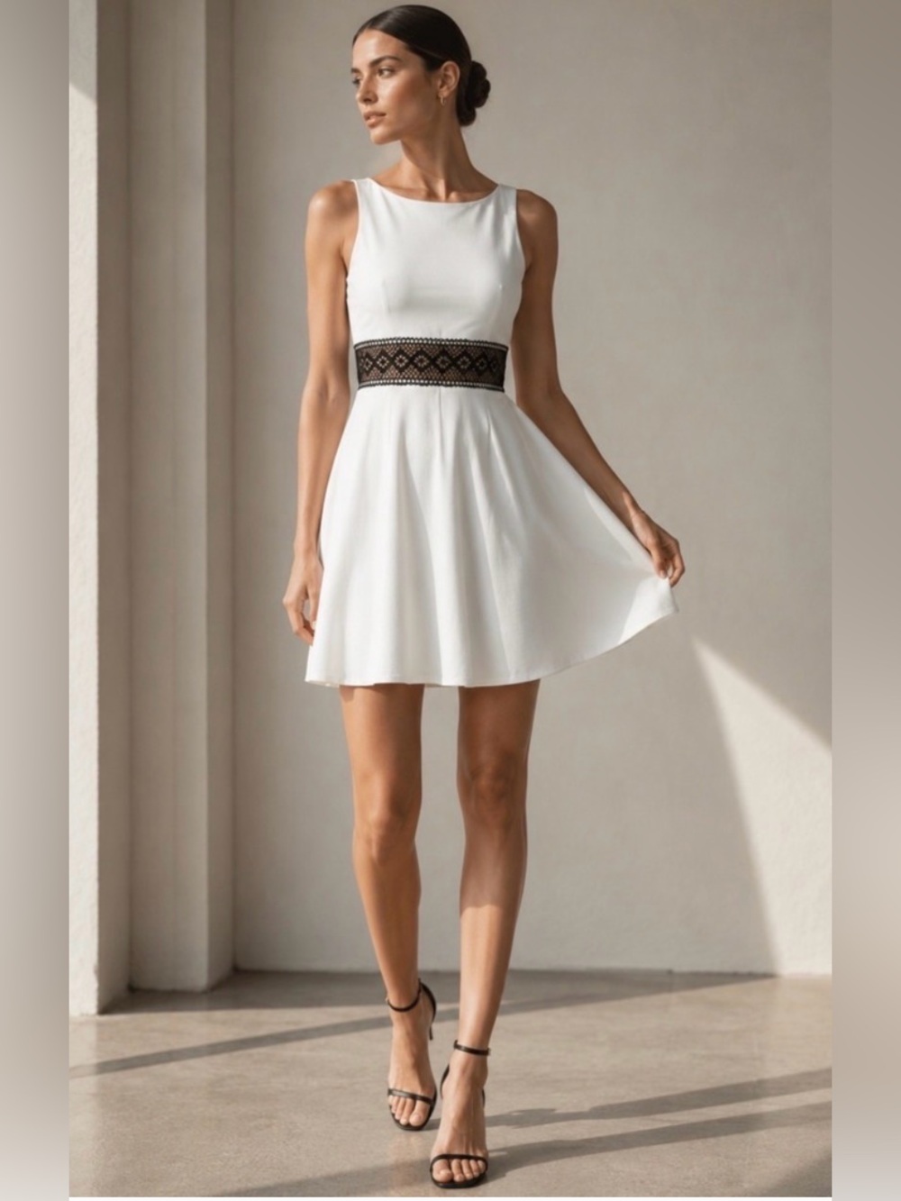NWT Alice + Olivia White Mini Dress with Black Lace Waist